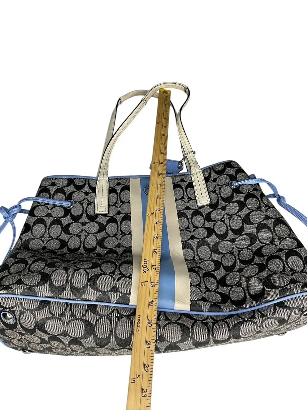 Coach Signature Stripe Drawstring Tote Bag Blue Canvas Leather F23049
